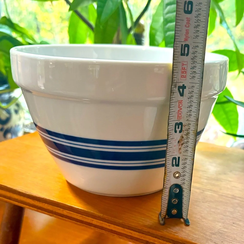 Two Crate and Barrel Heavy Ceramic Bowls White with Blue Stripes